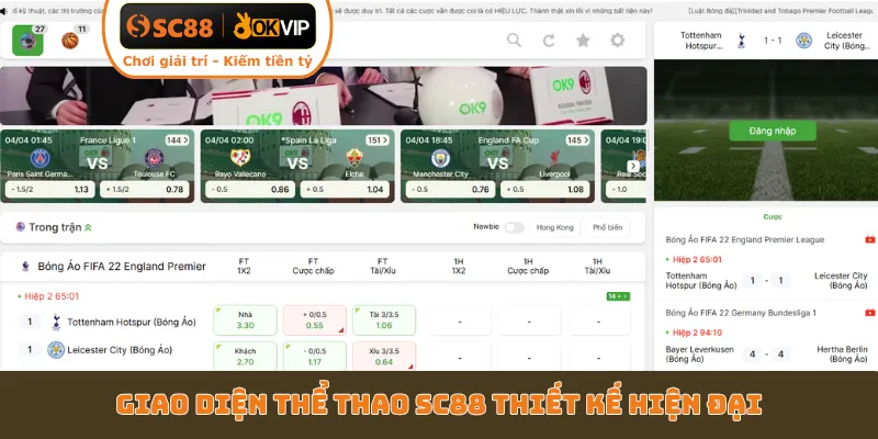 Giao diện thể thao SC88 thiết kế hiện đại